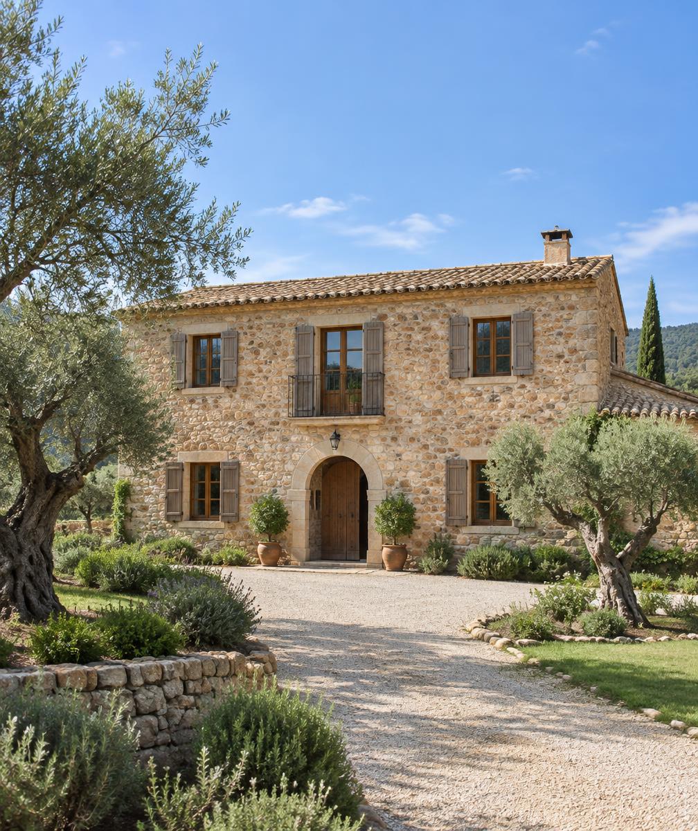 Masia catalane en pierre avec toiture en tuiles et oliviers